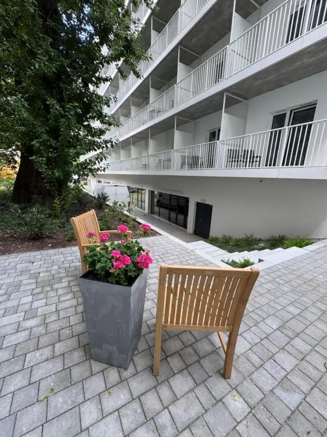 Courtyard seating below the balconies