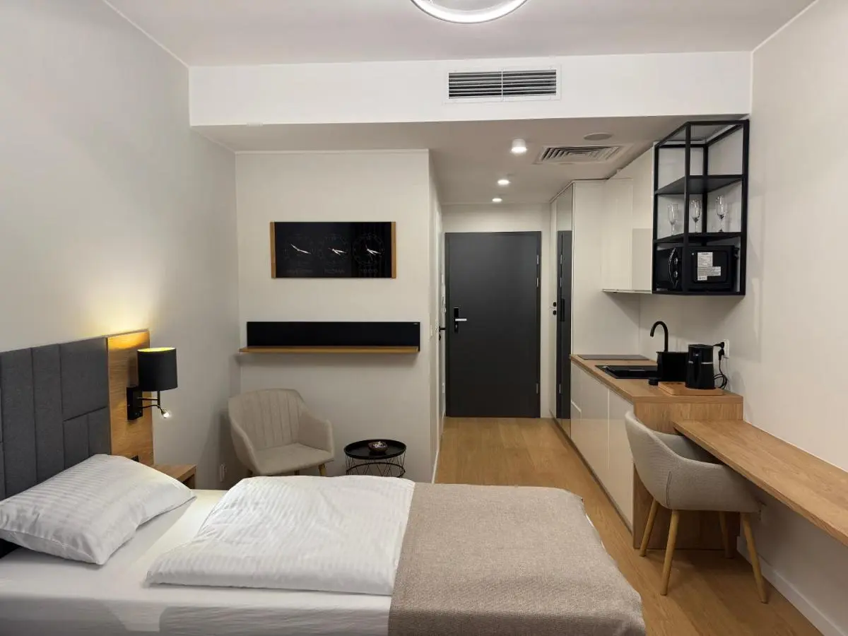 View from the bed towards the entrance and kitchenette